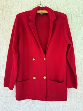 Vintage Women's Red Double-Breasted Knit Blazer with Gold Buttons Flaws